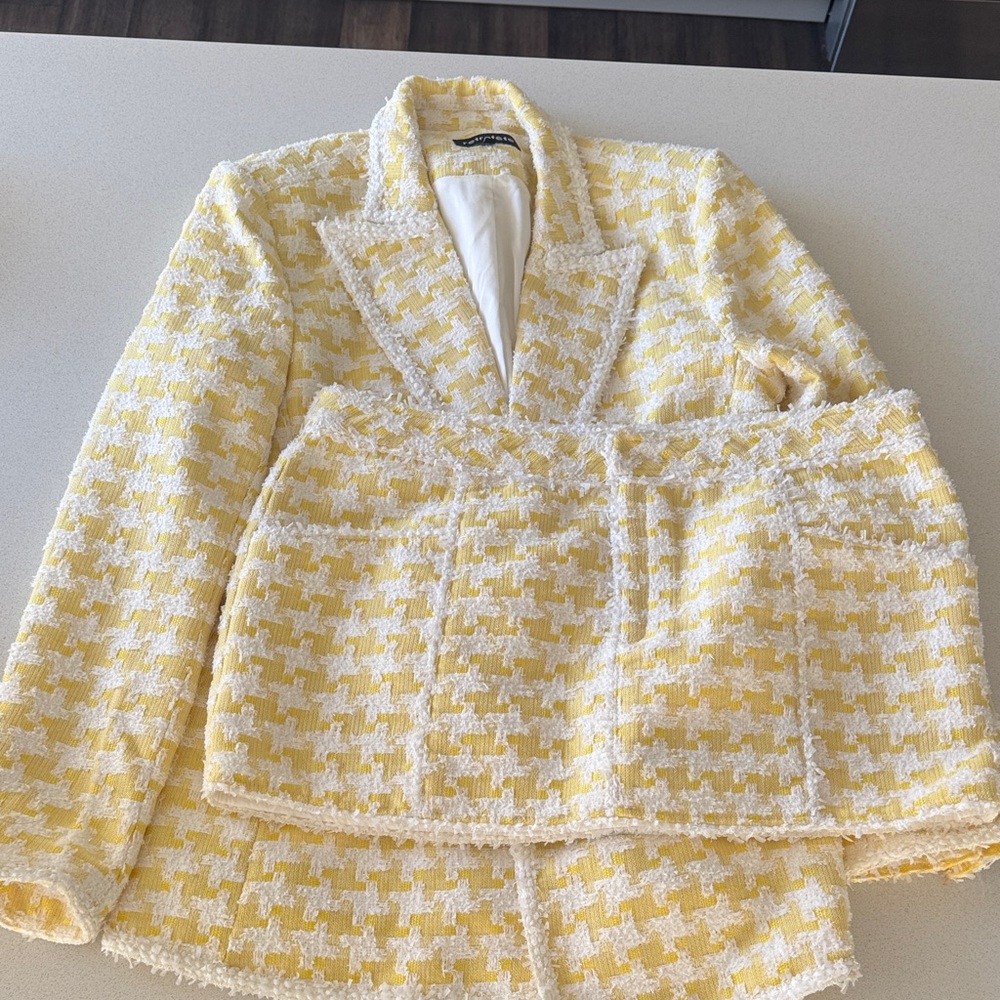 Retrofete Yellow and White Tweed/Houndstooth Blazer and Skirt